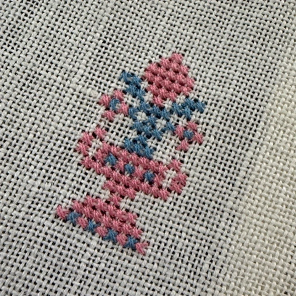 Vintage Cross Stitch Linen Table Runner Blue Pink Floral Bird Fringed Trim